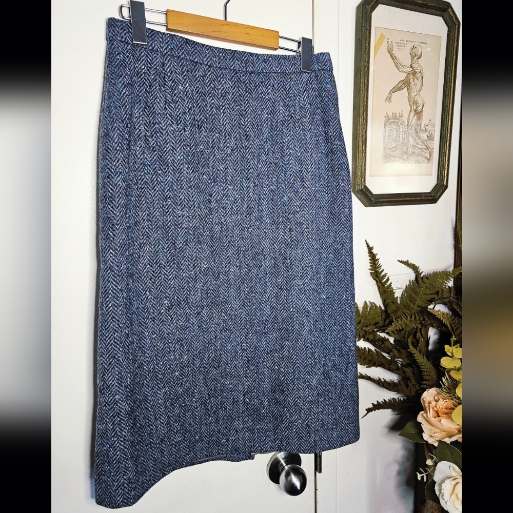 Vintage Irish Wool Blue Herringbone Warm Pencil Skirt